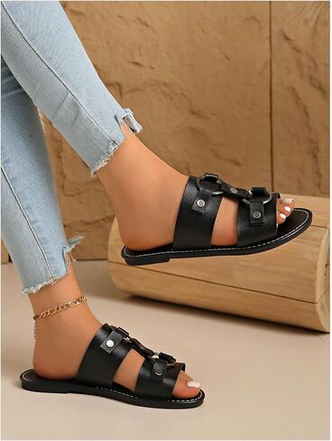 WDIRARA Women's Faux Leather Ring Buckle Flat Sandals Open Toe Wide Strap Slide Sandals in Kuwait