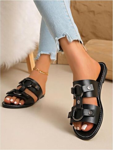 WDIRARA Women's Faux Leather Ring Buckle Flat Sandals Open Toe Wide Strap Slide Sandals in Kuwait