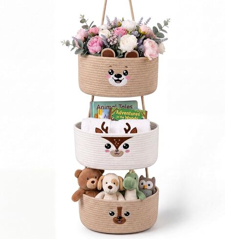 Novabright 3 Tier Wall Mounted Woven Hanging Basket Cute Bear Deer Puppy Over the Door Hanging Basket Cartoon Animals Decorative Storage Organizer for Nursery Living Room Bedroom Kitchen in Kuwait