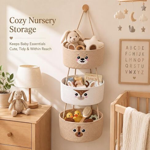 Novabright 3 Tier Wall Mounted Woven Hanging Basket Cute Bear Deer Puppy Over the Door Hanging Basket Cartoon Animals Decorative Storage Organizer for Nursery Living Room Bedroom Kitchen in Kuwait