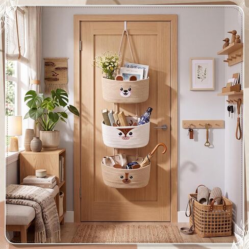 Novabright 3 Tier Wall Mounted Woven Hanging Basket Cute Bear Deer Puppy Over the Door Hanging Basket Cartoon Animals Decorative Storage Organizer for Nursery Living Room Bedroom Kitchen in Kuwait