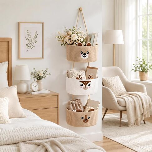Novabright 3 Tier Wall Mounted Woven Hanging Basket Cute Bear Deer Puppy Over the Door Hanging Basket Cartoon Animals Decorative Storage Organizer for Nursery Living Room Bedroom Kitchen in Kuwait