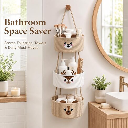 Novabright 3 Tier Wall Mounted Woven Hanging Basket Cute Bear Deer Puppy Over the Door Hanging Basket Cartoon Animals Decorative Storage Organizer for Nursery Living Room Bedroom Kitchen in Kuwait