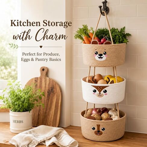 Novabright 3 Tier Wall Mounted Woven Hanging Basket Cute Bear Deer Puppy Over the Door Hanging Basket Cartoon Animals Decorative Storage Organizer for Nursery Living Room Bedroom Kitchen in Kuwait