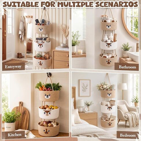 Novabright 3 Tier Wall Mounted Woven Hanging Basket Cute Bear Deer Puppy Over the Door Hanging Basket Cartoon Animals Decorative Storage Organizer for Nursery Living Room Bedroom Kitchen in Kuwait