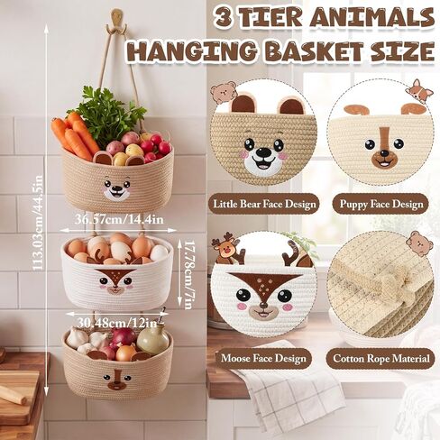 Novabright 3 Tier Wall Mounted Woven Hanging Basket Cute Bear Deer Puppy Over the Door Hanging Basket Cartoon Animals Decorative Storage Organizer for Nursery Living Room Bedroom Kitchen in Kuwait