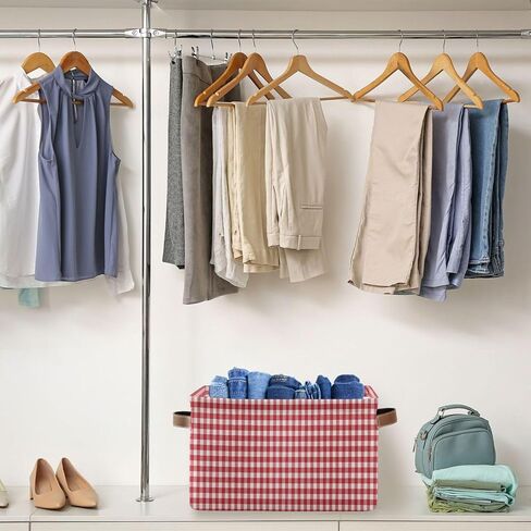 Kigai Red White Gingham Storage Basket with Handles Waterproof Collapsible Storage Bin Canvas Fabric Basket Decorative Box Closet Organizer for Nursery Bedroom Office in Kuwait