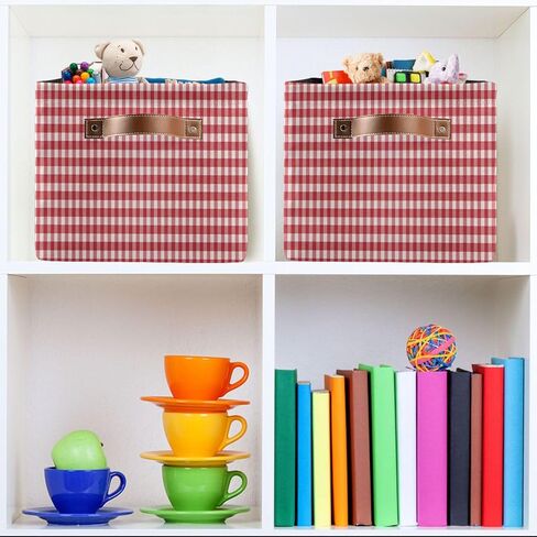Kigai Red White Gingham Storage Basket with Handles Waterproof Collapsible Storage Bin Canvas Fabric Basket Decorative Box Closet Organizer for Nursery Bedroom Office in Kuwait