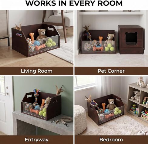 Large Dog Toy Basket ，Wooden Dog Toy Box For Living Room Area | Trapezoidal Dog Toy Storage Bin with Handle, Chew Proof Pet Organizer Perfect for Pet Toys, Collar, Leashes, Treats in Kuwait