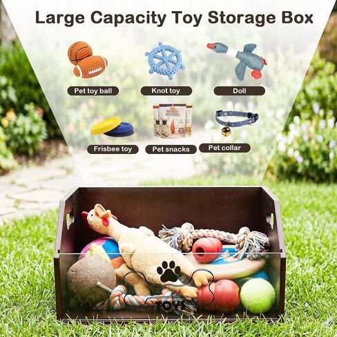 Large Dog Toy Basket ，Wooden Dog Toy Box For Living Room Area | Trapezoidal Dog Toy Storage Bin with Handle, Chew Proof Pet Organizer Perfect for Pet Toys, Collar, Leashes, Treats in Kuwait