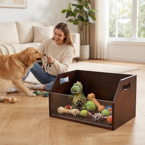 Large Dog Toy Basket ，Wooden Dog Toy Box For Living Room Area | Trapezoidal Dog Toy Storage Bin with Handle, Chew Proof Pet Organizer Perfect for Pet Toys, Collar, Leashes, Treats in Kuwait