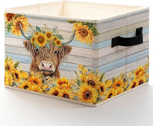Rustic Sunflower Highland Cow Storage Bins Box, Toybox for Girls, Farmhouse Highland Cow Floral Foldable Baskets Organizer with Handles for Bedroom Bathroom Home Clothes Toys Books in Kuwait