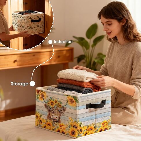 Rustic Sunflower Highland Cow Storage Bins Box, Toybox for Girls, Farmhouse Highland Cow Floral Foldable Baskets Organizer with Handles for Bedroom Bathroom Home Clothes Toys Books in Kuwait