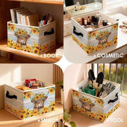 Rustic Sunflower Highland Cow Storage Bins Box, Toybox for Girls, Farmhouse Highland Cow Floral Foldable Baskets Organizer with Handles for Bedroom Bathroom Home Clothes Toys Books in Kuwait