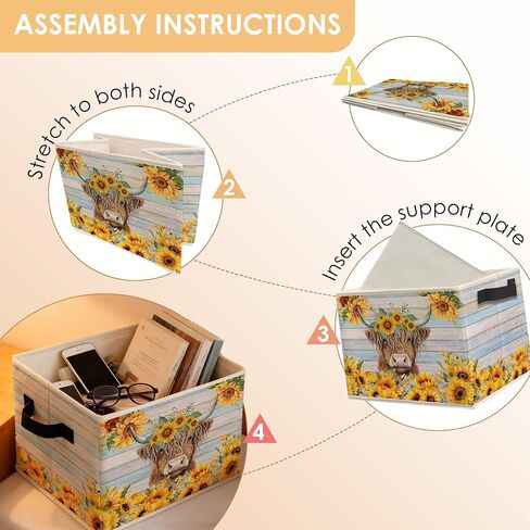 Rustic Sunflower Highland Cow Storage Bins Box, Toybox for Girls, Farmhouse Highland Cow Floral Foldable Baskets Organizer with Handles for Bedroom Bathroom Home Clothes Toys Books in Kuwait