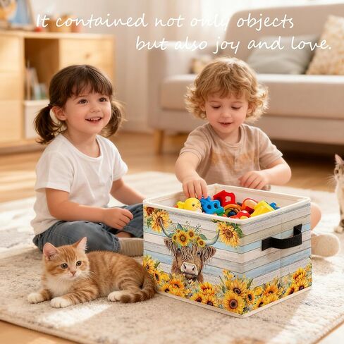 Rustic Sunflower Highland Cow Storage Bins Box, Toybox for Girls, Farmhouse Highland Cow Floral Foldable Baskets Organizer with Handles for Bedroom Bathroom Home Clothes Toys Books in Kuwait