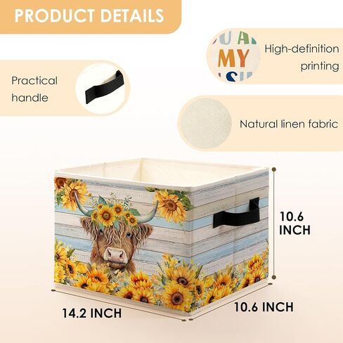Rustic Sunflower Highland Cow Storage Bins Box, Toybox for Girls, Farmhouse Highland Cow Floral Foldable Baskets Organizer with Handles for Bedroom Bathroom Home Clothes Toys Books in Kuwait
