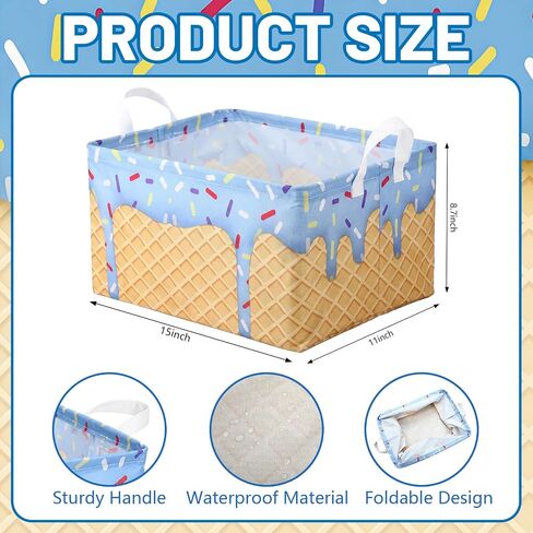 2 Pack Ice Cream Drip Baseball Storage Baskets with Handles | 15 x 11 x 8.7 Inch, Waterproof Liner, Collapsible Storage Bins, for Room Nursery Bedroom Closet Organizer Basket in Kuwait