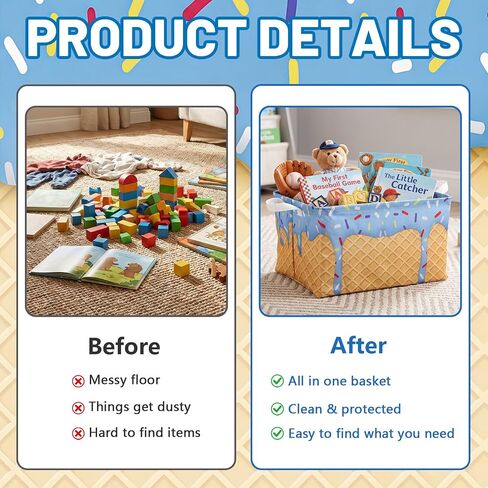 2 Pack Ice Cream Drip Baseball Storage Baskets with Handles | 15 x 11 x 8.7 Inch, Waterproof Liner, Collapsible Storage Bins, for Room Nursery Bedroom Closet Organizer Basket in Kuwait