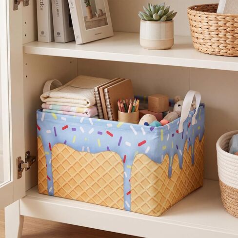 2 Pack Ice Cream Drip Baseball Storage Baskets with Handles | 15 x 11 x 8.7 Inch, Waterproof Liner, Collapsible Storage Bins, for Room Nursery Bedroom Closet Organizer Basket in Kuwait