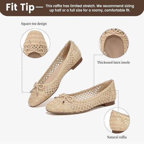 Woven Ballet Flats Shoes for Women Raffia Square Toe Dress Shoes with Bow Comfortable Slip on Flats in Kuwait