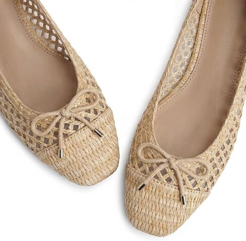 Woven Ballet Flats Shoes for Women Raffia Square Toe Dress Shoes with Bow Comfortable Slip on Flats in Kuwait