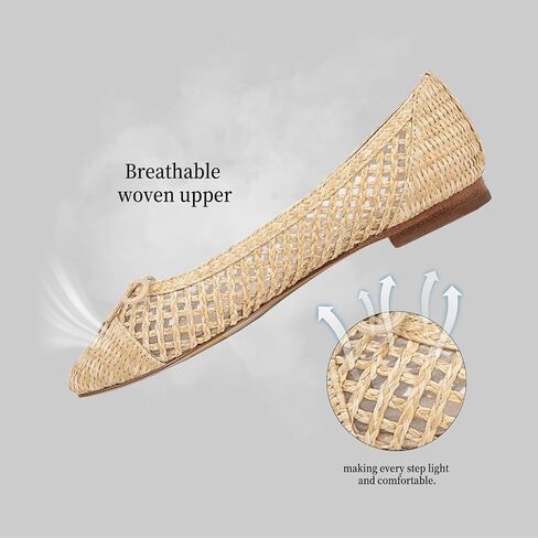 Woven Ballet Flats Shoes for Women Raffia Square Toe Dress Shoes with Bow Comfortable Slip on Flats in Kuwait