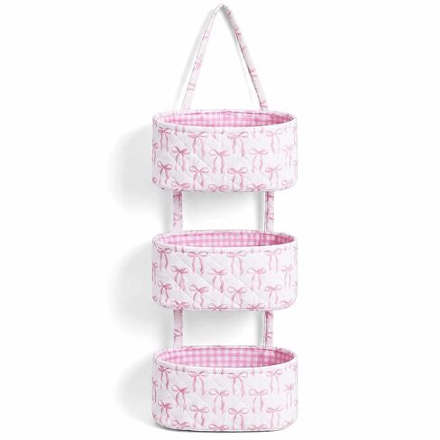 Pink Over The Door Organizer 3 Tier Hanging Wall Mounted Storage | Decorative Bow Hanging Basket, Coquette Cotton Quilted, Pink Nursery Girl Room Decor, Baby Bathroom Bedroom Dorm Closet in Kuwait