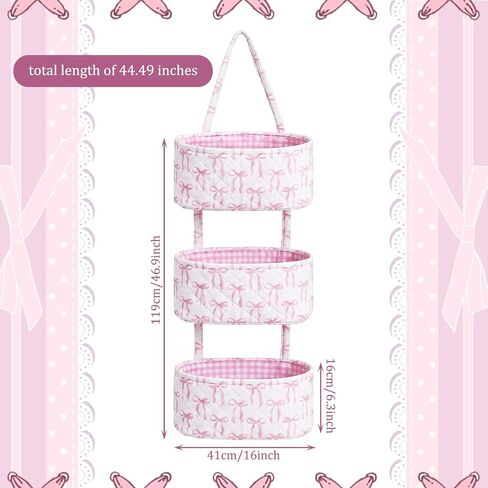 Pink Over The Door Organizer 3 Tier Hanging Wall Mounted Storage | Decorative Bow Hanging Basket, Coquette Cotton Quilted, Pink Nursery Girl Room Decor, Baby Bathroom Bedroom Dorm Closet in Kuwait