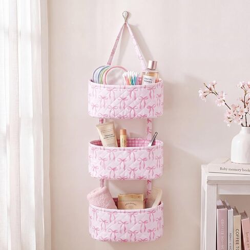 Pink Over The Door Organizer 3 Tier Hanging Wall Mounted Storage | Decorative Bow Hanging Basket, Coquette Cotton Quilted, Pink Nursery Girl Room Decor, Baby Bathroom Bedroom Dorm Closet in Kuwait