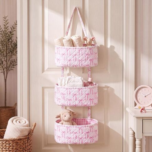 Pink Over The Door Organizer 3 Tier Hanging Wall Mounted Storage | Decorative Bow Hanging Basket, Coquette Cotton Quilted, Pink Nursery Girl Room Decor, Baby Bathroom Bedroom Dorm Closet in Kuwait