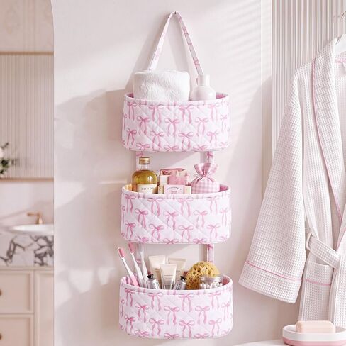 Pink Over The Door Organizer 3 Tier Hanging Wall Mounted Storage | Decorative Bow Hanging Basket, Coquette Cotton Quilted, Pink Nursery Girl Room Decor, Baby Bathroom Bedroom Dorm Closet in Kuwait