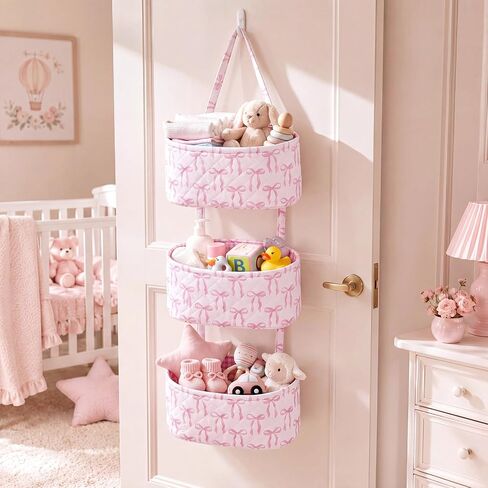 Pink Over The Door Organizer 3 Tier Hanging Wall Mounted Storage | Decorative Bow Hanging Basket, Coquette Cotton Quilted, Pink Nursery Girl Room Decor, Baby Bathroom Bedroom Dorm Closet in Kuwait