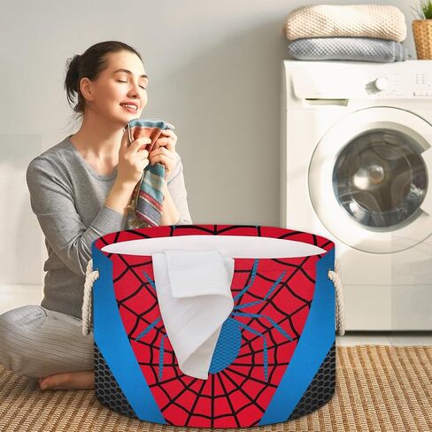 Storage Baskets - Large Red Blue Spider Web Nursery Organizer Bin Box with Handles Collapsible Round Laundry Hamper for Kids Boy Toys Blanket, Bedroom Living Room Decor Gift Basket (19.4"x13.3") in Kuwait