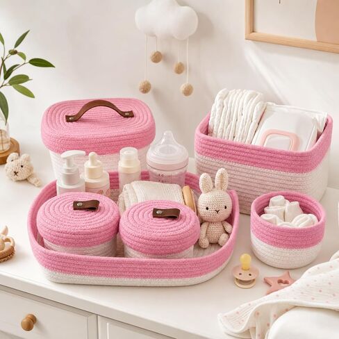Hushee 6 Pcs Diaper Caddy Cotton Baskets Set 1 Large Woven Tray and 5 Nursery Storage Basket Organizer Pink Cute Handwoven Storage Bins for Diapers, Desk, Toys, Nursery, Baby Shower Gifts in Kuwait