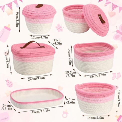 Hushee 6 Pcs Diaper Caddy Cotton Baskets Set 1 Large Woven Tray and 5 Nursery Storage Basket Organizer Pink Cute Handwoven Storage Bins for Diapers, Desk, Toys, Nursery, Baby Shower Gifts in Kuwait
