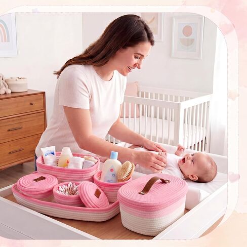 Hushee 6 Pcs Diaper Caddy Cotton Baskets Set 1 Large Woven Tray and 5 Nursery Storage Basket Organizer Pink Cute Handwoven Storage Bins for Diapers, Desk, Toys, Nursery, Baby Shower Gifts in Kuwait