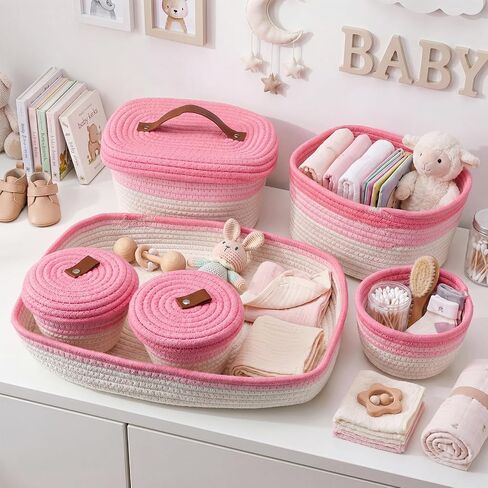 Hushee 6 Pcs Diaper Caddy Cotton Baskets Set 1 Large Woven Tray and 5 Nursery Storage Basket Organizer Pink Cute Handwoven Storage Bins for Diapers, Desk, Toys, Nursery, Baby Shower Gifts in Kuwait