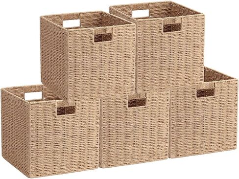 3Pcs Woven Shelf Baskets, 10.5'' Paper Rope Handmade Open Storage Bins, Dark Brown Pantry Baskets Organization Basket Foldable Storage Bins for Bedroom, Cubby Cubes Wicker Basket with Handles in Kuwait