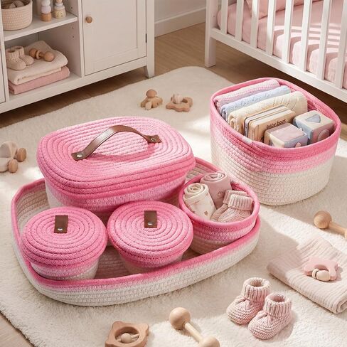 Hushee 6 Pcs Diaper Caddy Cotton Baskets Set 1 Large Woven Tray and 5 Nursery Storage Basket Organizer Pink Cute Handwoven Storage Bins for Diapers, Desk, Toys, Nursery, Baby Shower Gifts in Kuwait