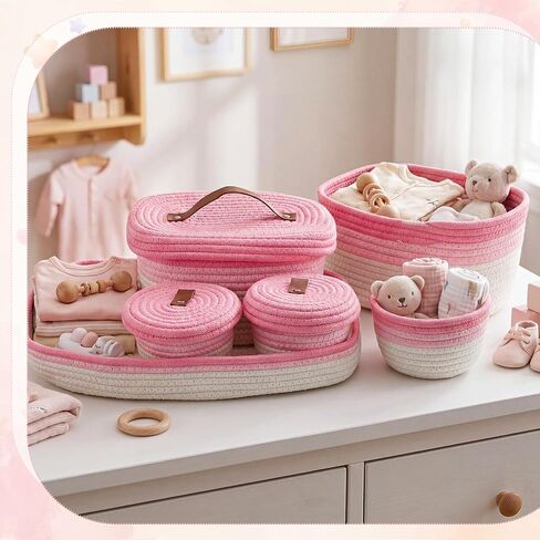 Hushee 6 Pcs Diaper Caddy Cotton Baskets Set 1 Large Woven Tray and 5 Nursery Storage Basket Organizer Pink Cute Handwoven Storage Bins for Diapers, Desk, Toys, Nursery, Baby Shower Gifts in Kuwait