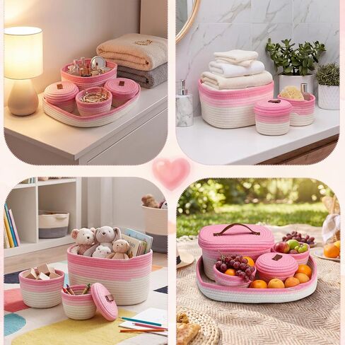 Hushee 6 Pcs Diaper Caddy Cotton Baskets Set 1 Large Woven Tray and 5 Nursery Storage Basket Organizer Pink Cute Handwoven Storage Bins for Diapers, Desk, Toys, Nursery, Baby Shower Gifts in Kuwait