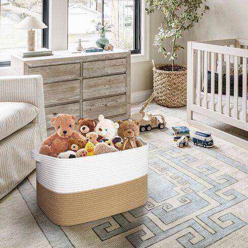 Extra Large Blanket Basket, 23.6"x15.7"x14.1" Woven Blanket Storage for Living Room, Big Cotton Rope Kids Dog Toy Bin Box, Decorative Rectangle Pillow Holder, Baby Laundry Basket, Camel in Kuwait