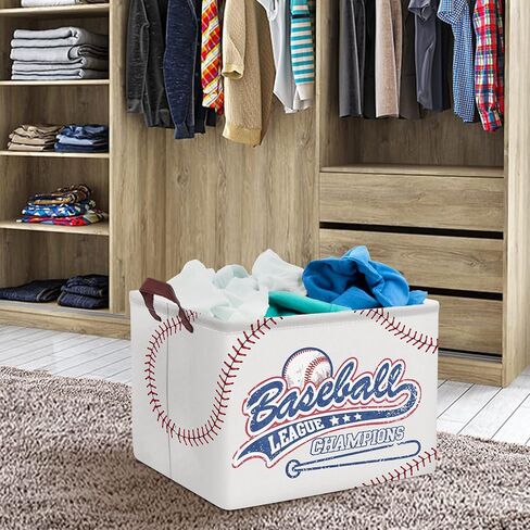 Clastyle Baseball Stitches Kid Storage Basket Sport Foldable Laundry Hamper | Large Clothes Book Gift Toy Organizer Nursery Bin, Boy Girl Room Playroom Bedroom Bathroom, Grey Softball Shelf Basket in Kuwait