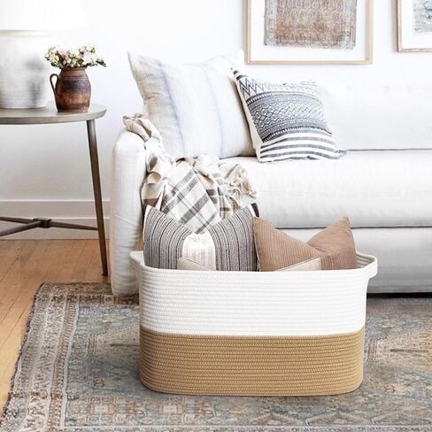 Extra Large Blanket Basket, 23.6"x15.7"x14.1" Woven Blanket Storage for Living Room, Big Cotton Rope Kids Dog Toy Bin Box, Decorative Rectangle Pillow Holder, Baby Laundry Basket, Camel in Kuwait