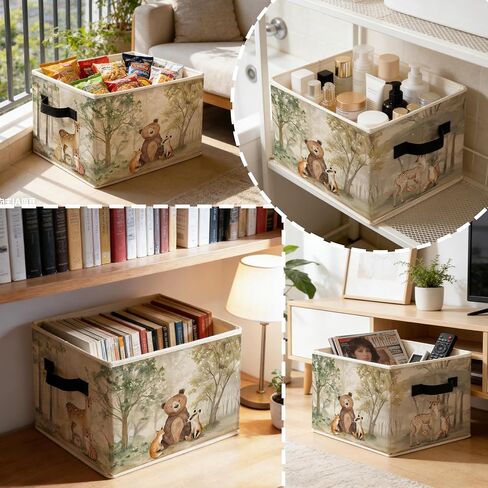 Forest Animal Nursery Storage Bins Box with Handles, Wild Animal Nature Forest Fox Bear Deer Foldable Basket Toybox for Kids Room Nursery Playroom Bathroom Clothes Toys Books in Kuwait