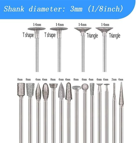 18 Pcs 1/8 Inch Shank Assorted Shapes Diamond Burr Sets | Premium Diamond Particle Mounted GrindingBurr Stone Carving Bits for Agate, Gemstone, Rock, Glass, Ceramics, for Rotary Tools in Kuwait