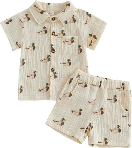 Toddler Baby Boy Summer Clothes Cotton Linen Dinosaur/Duck Short Sleeve Button Dress Shirt Shorts Muslin 2 Piece Set in Kuwait