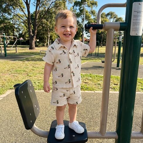 Toddler Baby Boy Summer Clothes Cotton Linen Dinosaur/Duck Short Sleeve Button Dress Shirt Shorts Muslin 2 Piece Set in Kuwait