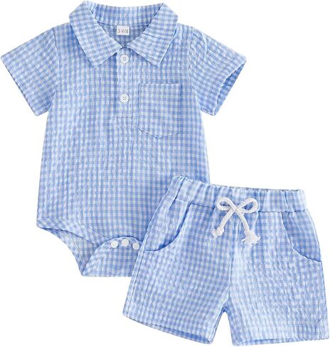 Karuedoo Newborn Infant Baby Boy Summer Outfits Gingham Plaid Button Short Sleeve Collared Polo Romper Top and Shorts Set in Kuwait